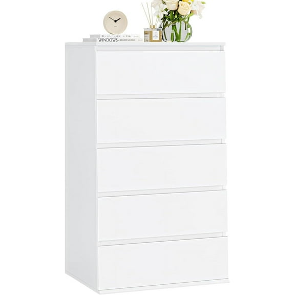 White Dresser, 5 Drawer Dresser Tall White Dresser with Large Storage Space, Modern Storage Chest of Drawers, 23.6L x 17.6W x 39.1H Inch Storage Organizer Cabinet for Home, White