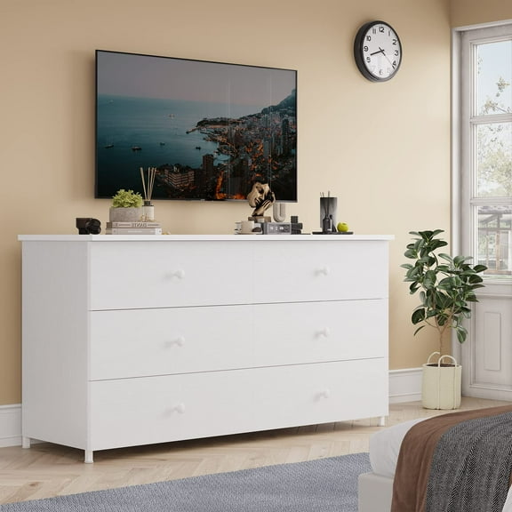 White Dresser with 6 Drawer for Bedroom,Modern Chest of Drawers with Heavy Sturdy Steel Frame, Large Capacity Double Dresser Storage Cabinets for Living Room Hallway