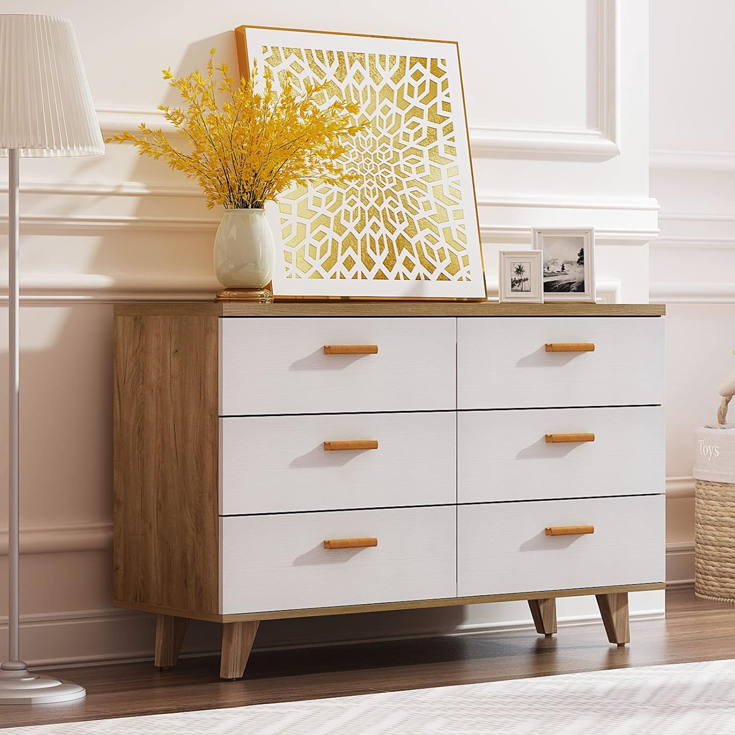 White Dresser 6 Drawer, White Dresser for Bedroom, Modern 6 Drawer Long Dresser with Solid Wood