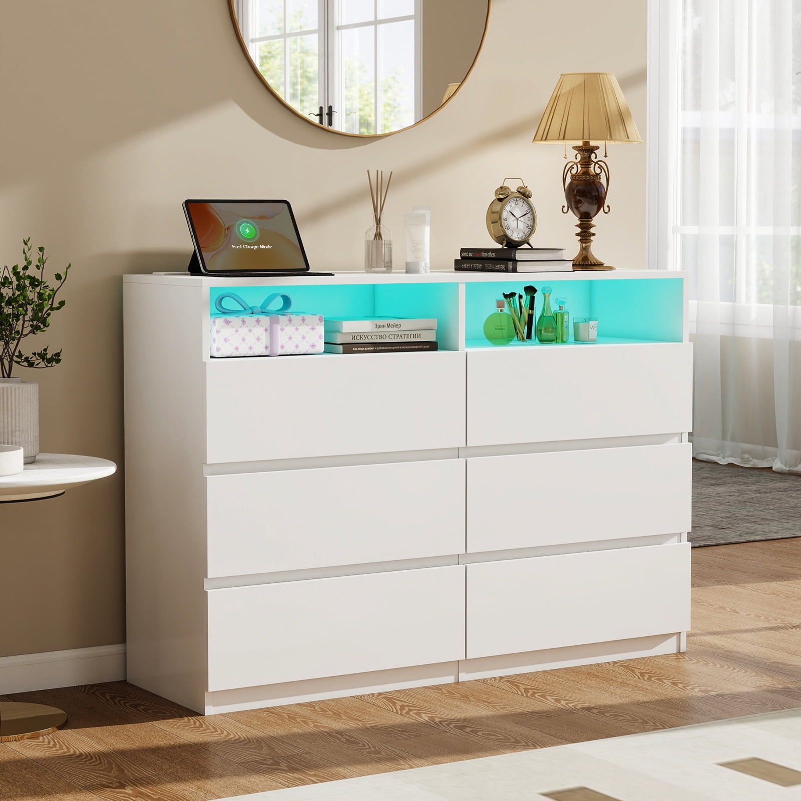 White Dresser 6 Drawer for Bedroom Modern LED Lights Double Dresser Wide Chest of Drawers with Charging Station Storage Wood Cabinet for Bedroom,Entryway