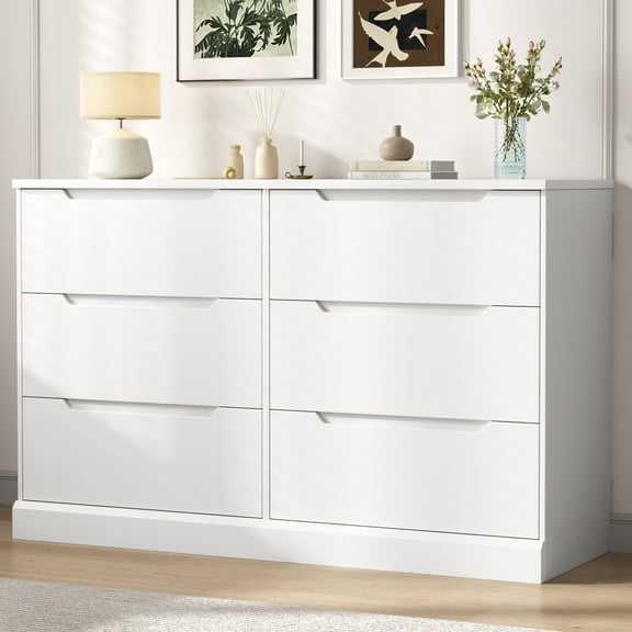 White Dresser 6 Drawer Dresser for Bedroom Modern Wooden Closet Double Dresser Closet Living Room Hallway Entryway Dressing Room