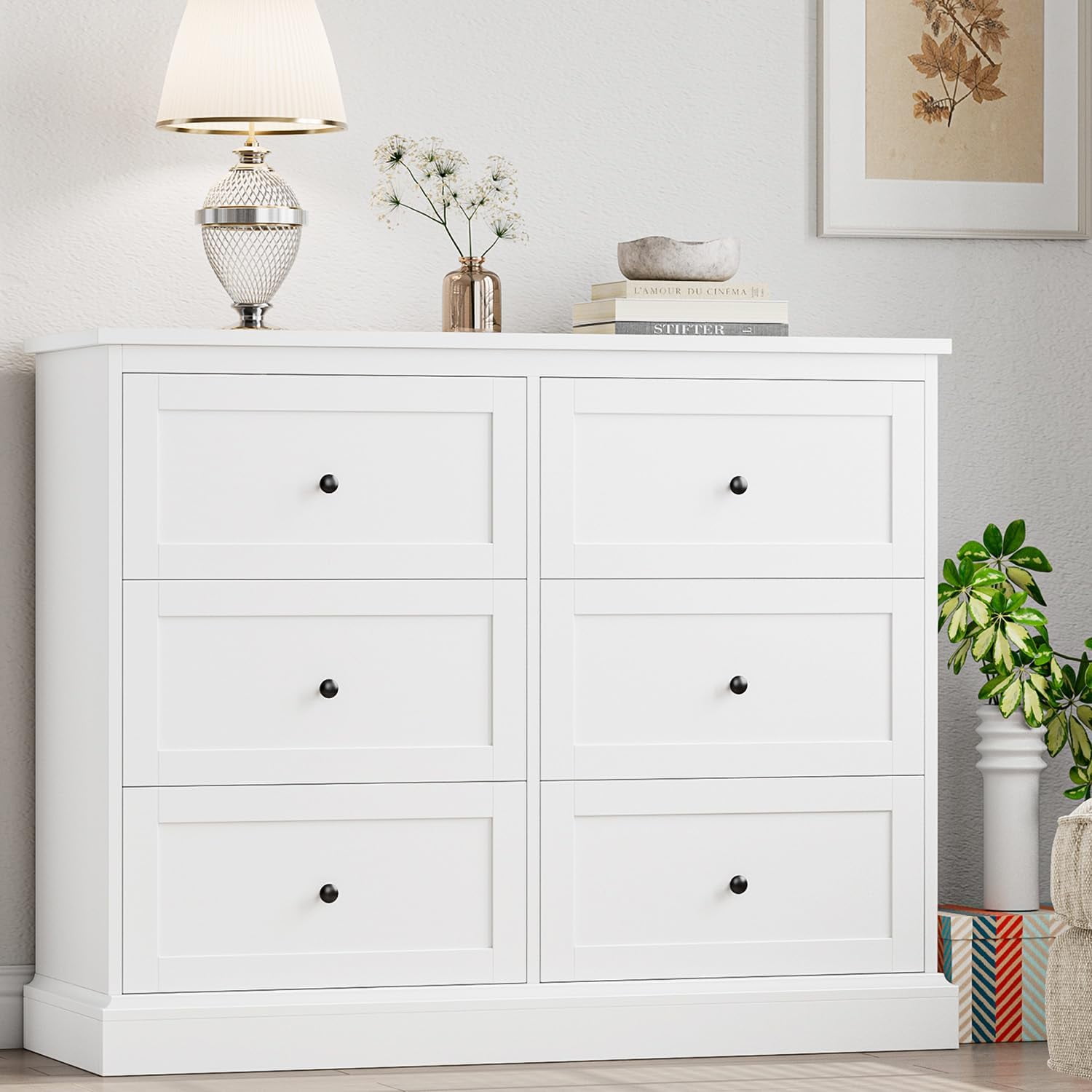 White Dresser, 6 Drawer Dresser White, Modern Double Chest with Deep