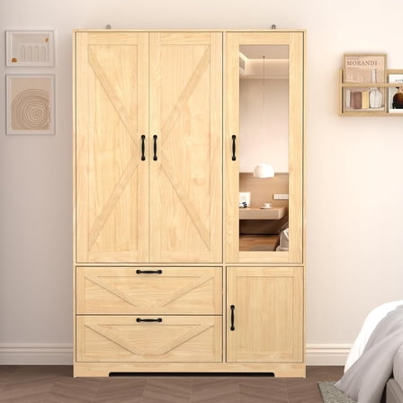 Armoire Wardrobe Closet, 72'' Wardrobe Cabinet with 2 Drawers & Mirror, 3 Doors Bedroom Clothes Closet with Hanging Rod & Built-in Light, Wooden Wardrobe Cabinet with Adjustable Shelf for Bedroom
