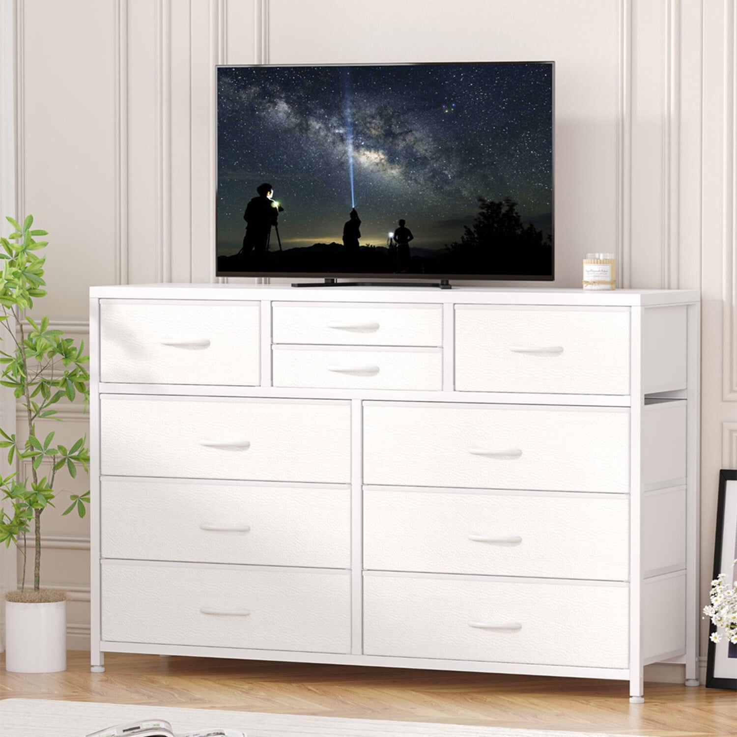 White Dresser for Bedroom, 10 Drawers Dresser for 55'' Long TV Stand, Storage Organizer for Closet, Living Room, Entryway, Fabric Dresser, Wood Top, ... White Dresser for Bedroom, 10 Drawers Dresser for 55'' Long TV Stand, Storage Organizer for Closet, Living Room, Entryway, Fabric Dresser, Wood Top, ...