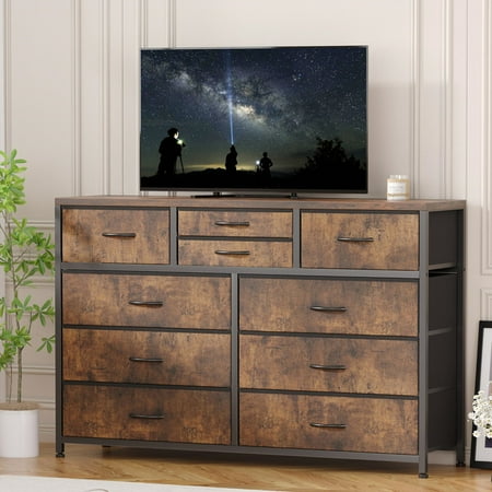 White Dresser for Bedroom, 10 Drawers Dresser for 55'' Long TV Stand, Storage Organizer for Closet, Living Room, Entryway, Fabric Dresser, Wood Top, Metal Frame