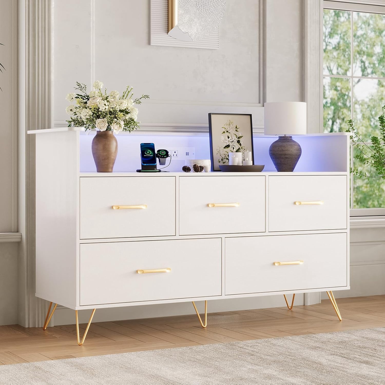 White Dresser for Bedroom, 47" Wide Chest of Drawers with LED Lights, Charging Station & 5 Smooth-Sliding Drawers, Modern Wood Storage Cabinet for Entryway, Hallway, Living Room