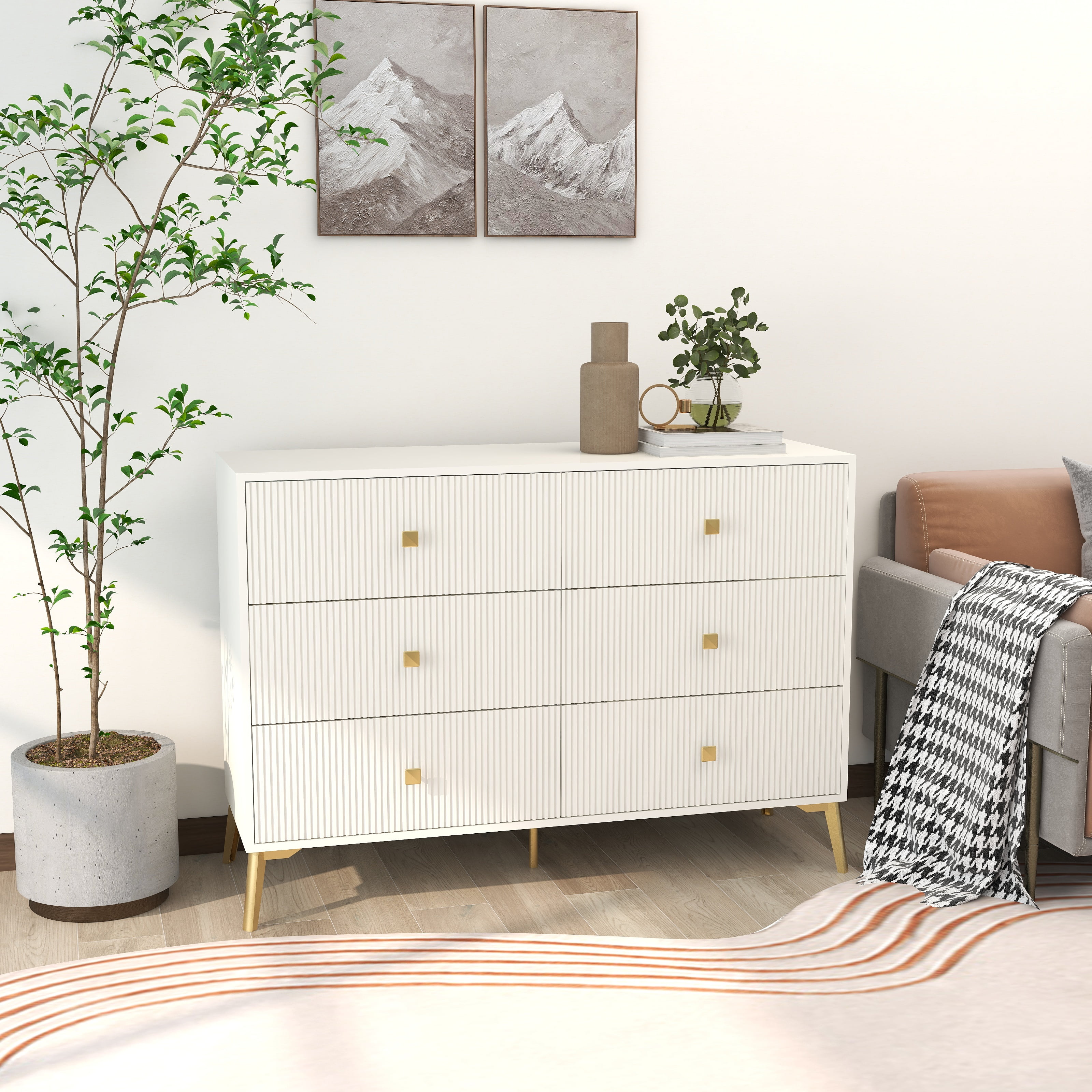 White and Gold Fluted 6-Drawer Dresser with Curved Design