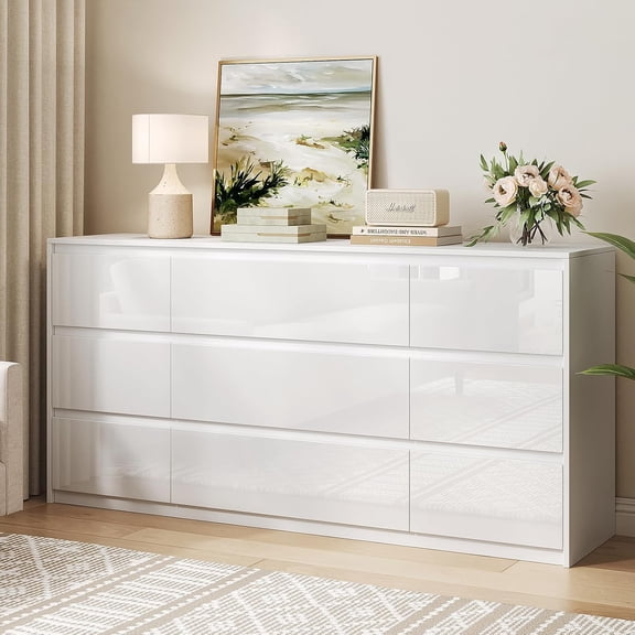 White Dresser for Bedroom,60.4" W High Gloss Large 9 Drawers Dressers with Handle Free, Wide High Gloss Chest of Drawers Large, Long Modern Storage Drawer Dresser for Bedroom, Living Room