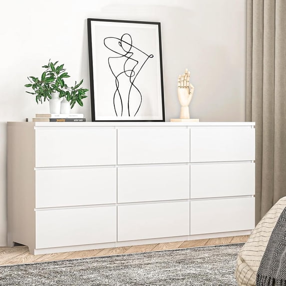 White Dresser for Bedroom,63'' Large 9 Drawer Dresser with Deep Drawer,Modern Chest of Drawer,Wood Bedroom Storage Organizer Furniture,Wide Storage TV Stand for Living Room