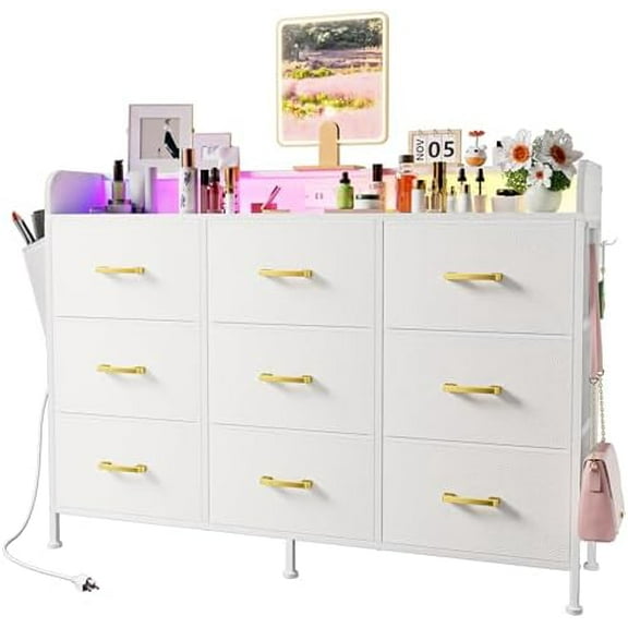 White Dresser for Bedroom, Bedroom Dresser with LED Lights and Charging Station, 9 Drawers Long Dresser, Tall Wide Fabric Chest of Drawers Storage Organizer TV Stand for 55" TV, White