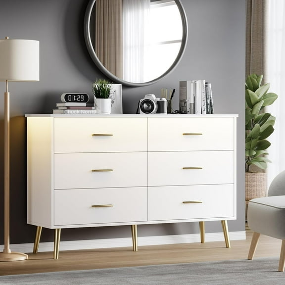 White Dresser for Bedroom, Dressers & Chests of Drawers for Clothes Storage with LED Light, Wood Dresser for Closet with 6 Drawers, Wide Long Clothes Organizer for Hallway, Entryway, Metal Handles
