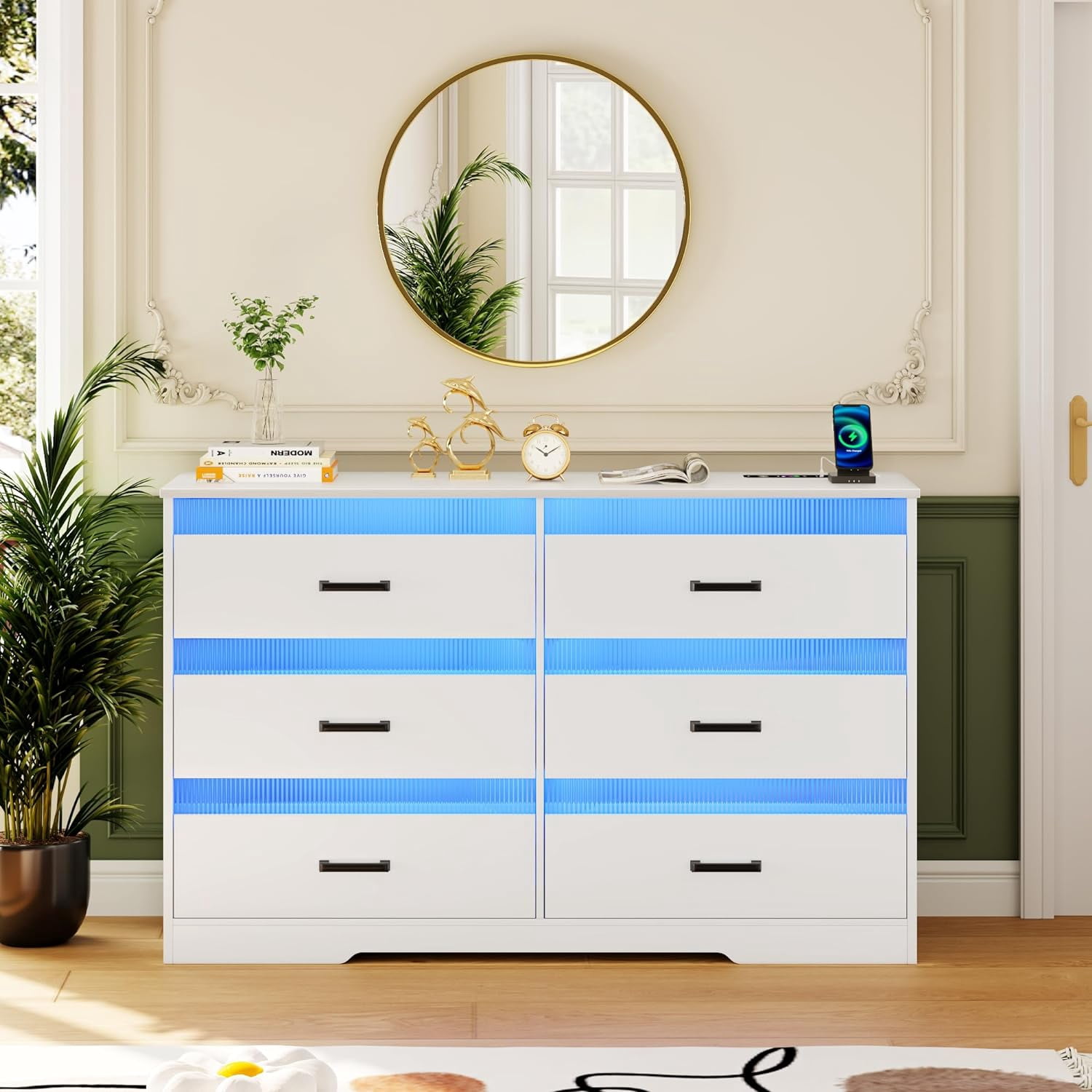 White Dresser for Bedroom with LED Light, 6 Drawer Large Chest of ...