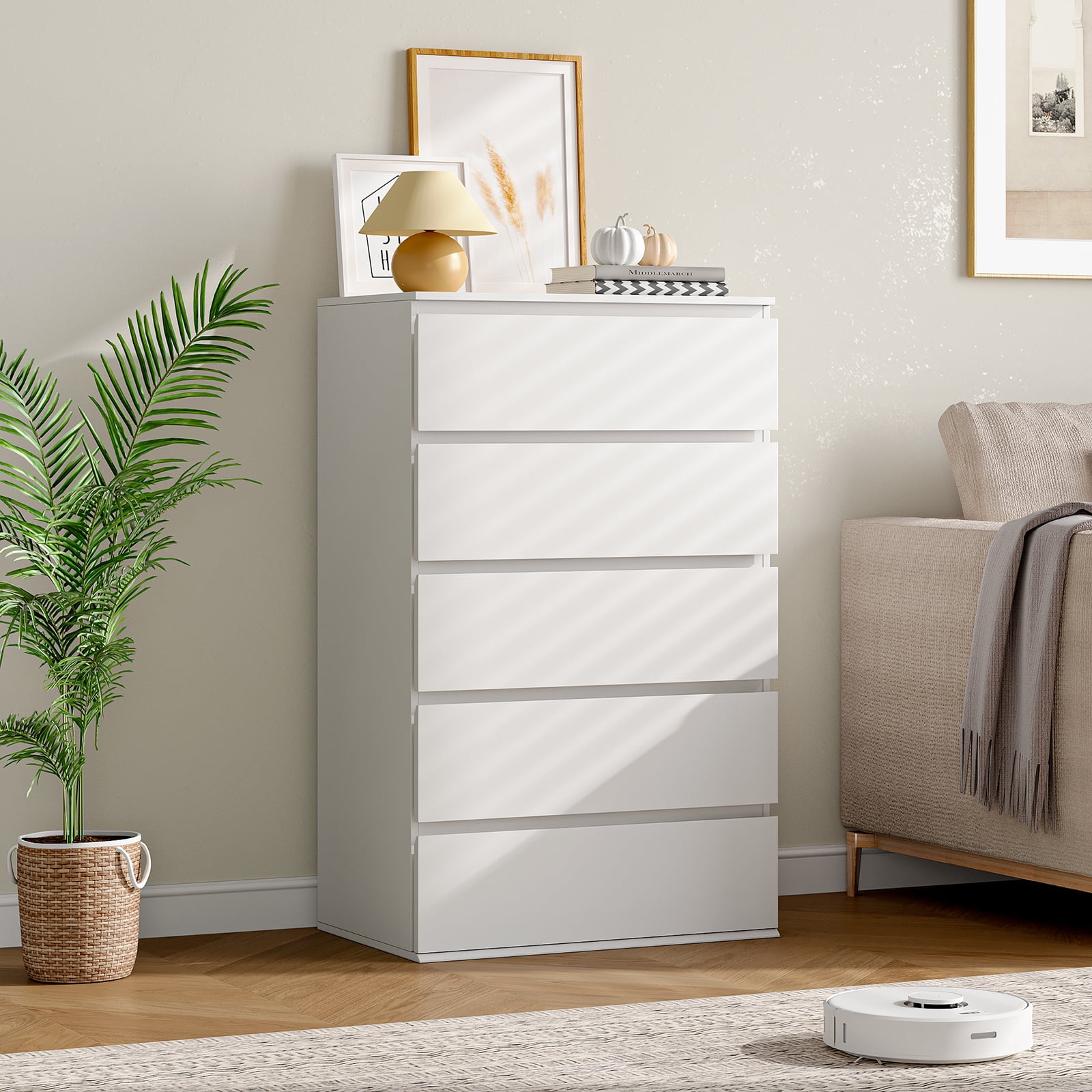 White Dresser for Bedroom, Tall Dresser with 5 Drawers, 38.93''H Wooden ...