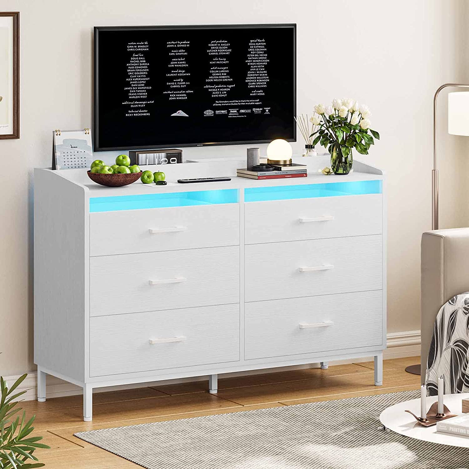 White Dresser Chest of Drawers with LED Lights & 6 Drawers, Dressers