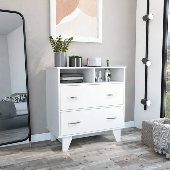 White Dresser For Bedroom With Two Drawers, Open Shelves And Superior Top In Drawer Attributes
