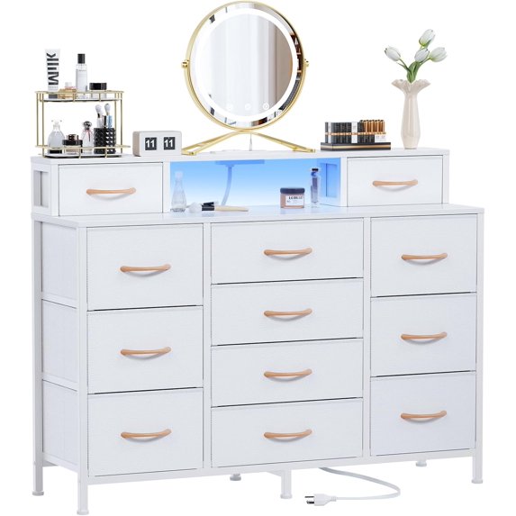 White Dresser with LED Lights & Charging Station,47" Long Dresser for Bedroom Chests with 12 Storage Drawers,Wide Vanity Dressers Furniture for Closet,Nursery,2 Shelves Wood Top,Metal Frame