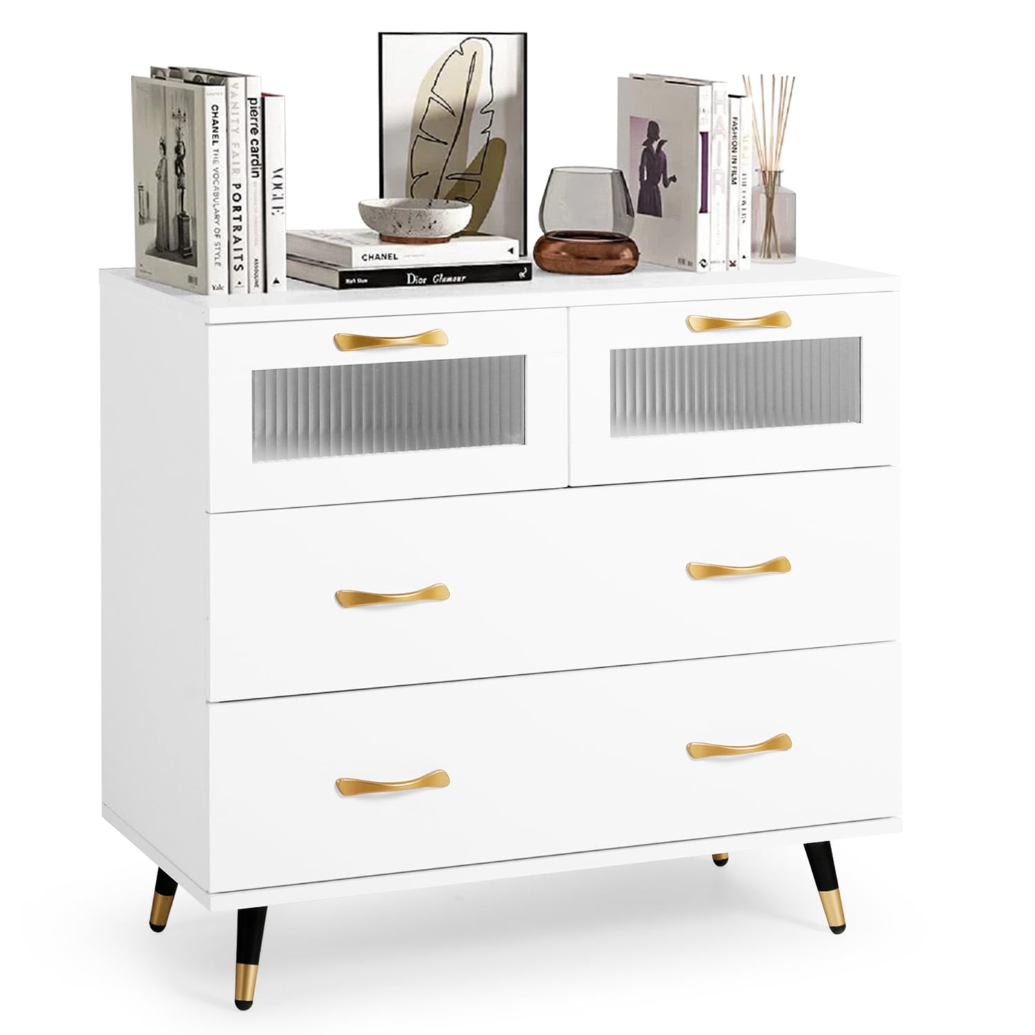Small White Modern Dresser with Gold Handles and Glass Panels