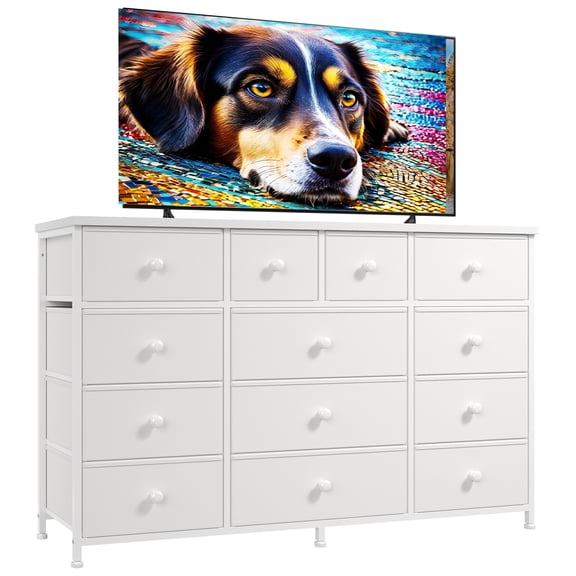 Romorgniz White Dresser TV Stand for 55" TV with 13 Storage Drawers for Living Room Fabric Dresser for Closet, Wood Top, Sturdy Metal Frame