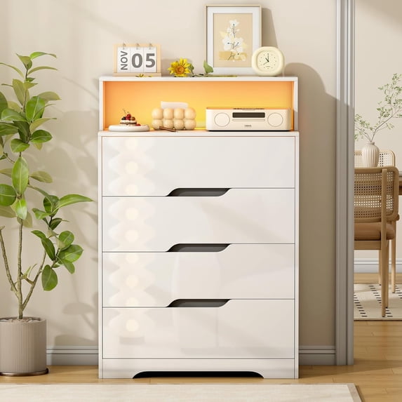 White Dresser, Cuoote 47.2 Inch Modern Tall Dresser with LED Lights & Charging Station, Glossy 4 Drawers Dressers for Bedroom