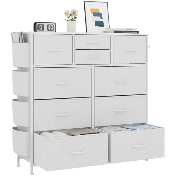 LainTene 10 Drawer Dresser, Fabric Dressers for Bedroom, Modern Storage Chest of Drawer with Side Pockets for Home Entryway, Guest Room, Small Spaces, White