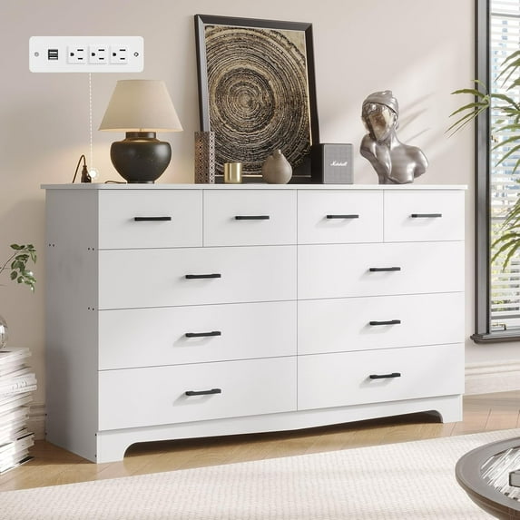 White Dresser for Bedroom 10 Drawers Dresser & Chest of Drawers with Power Outlets, Modern Wood Storage Cabinets & TV Stand for Living Room Hallway