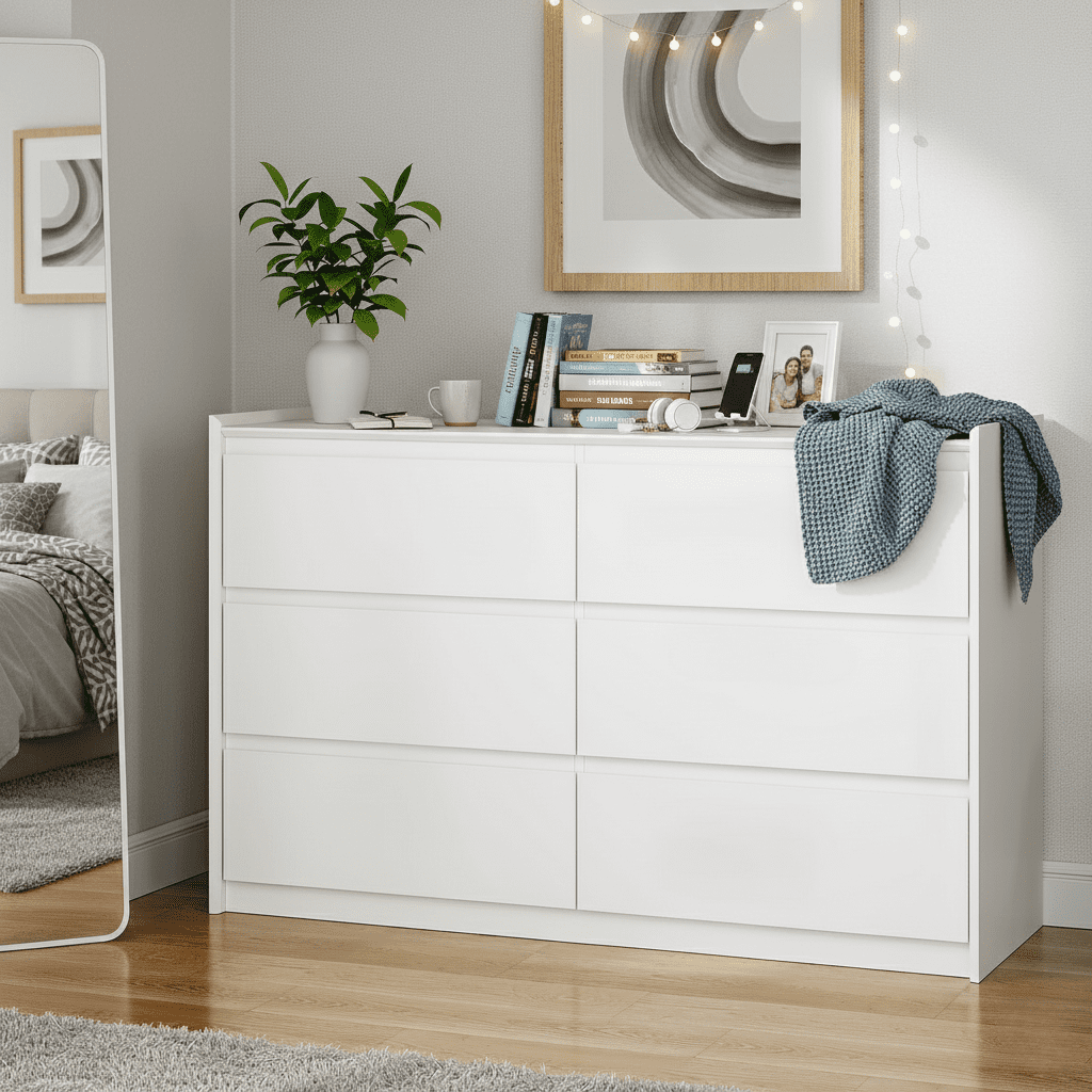 White Dresser for Bedroom, 47" Wide Chest of Drawers, Modern 6 Drawer Storage Organizer for Closet, Hallway, or Living Room