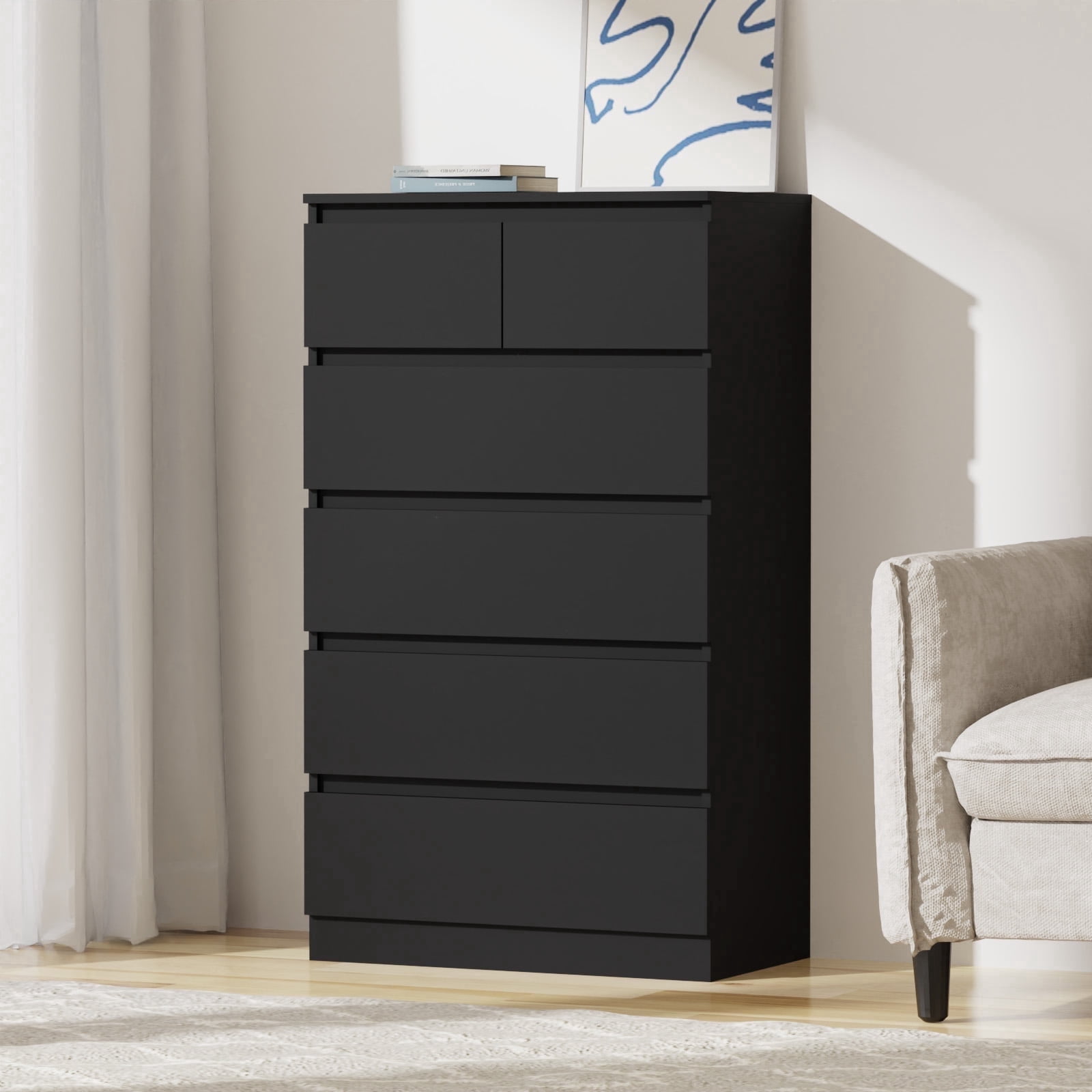 Hommpa Black Dresser for Bedroom, 6 Drawers Dresser for Closet, Chests of Drawers for Women, Wooden Modern Storage Cabinet for Living Room, Hallway Entryway, Home, Office 27.6"L X 15.7"W X 48"H