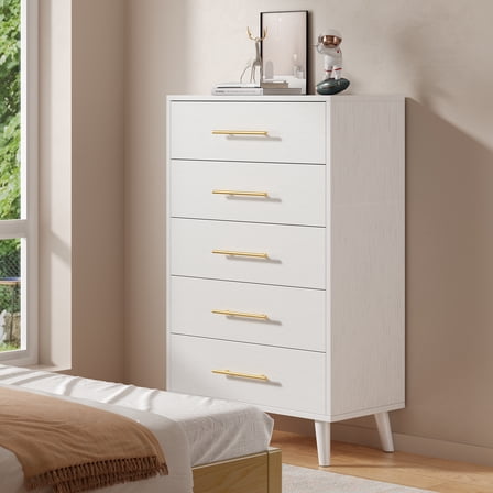 White Dresser for Bedroom, Asofer 5 Chest of Drawers Dresser, Living Room Wood Storage Cabinet