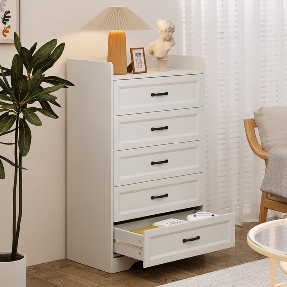 White Dresser for Bedroom, Lofka Modern Wood Chest of 5 Drawers, 3.3"H Semi-enclosed Desktop, Metal Handle