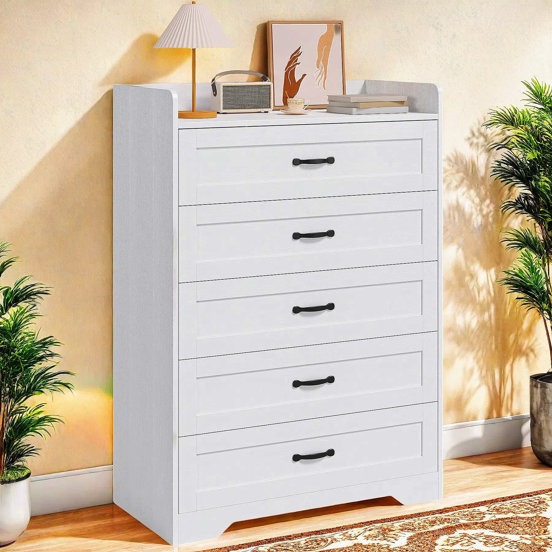 White Dresser for Bedroom, Lofka 5 Chest of Drawers Storage Cabinet with Smooth Rail and Metal Handle for Living Room & Entryway