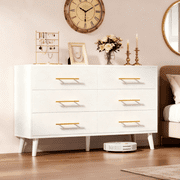 Dresser for Bedroom, Lofka 6 Double Drawers Dresser Gold Metal Handle, Deep Drawers, Smooth Metal Rail, 2-in-1 Tv Stand, White
