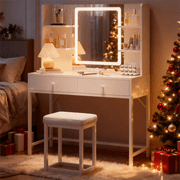White Vanity, Lighted Vanity Set with Mirror, Storage & Stool — The Perfect Gift for Girls & Women