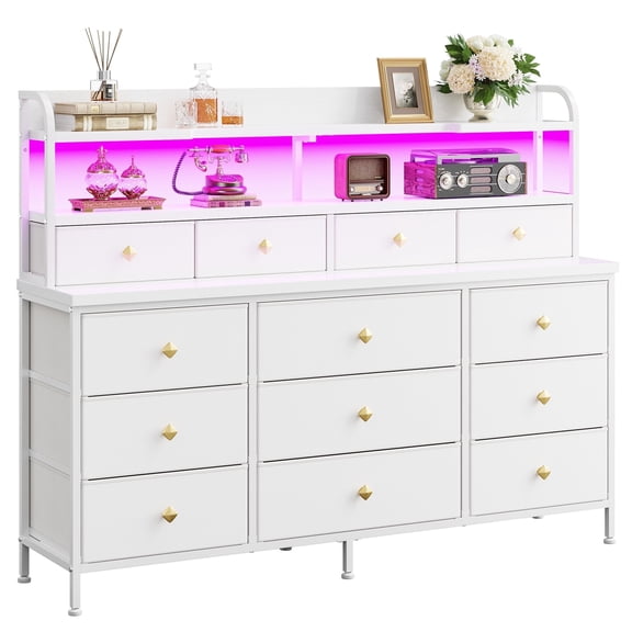 White Dresser for Bedroom Long Dresser with 13 Fabric Drawers and Shelves for Closet Dresser with LED Light