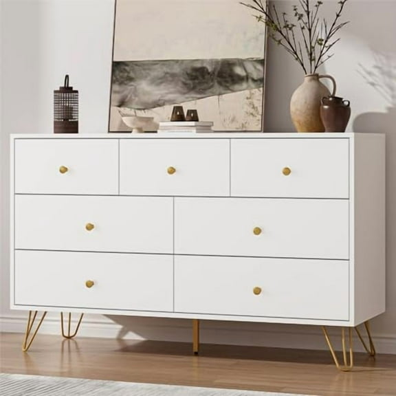 White Dresser for Bedroom, Modern 7 Drawer Dresser with Gold Handles and Metal Legs, White and Gold Dressers & Chest of Drawers for Hallway, Entryway