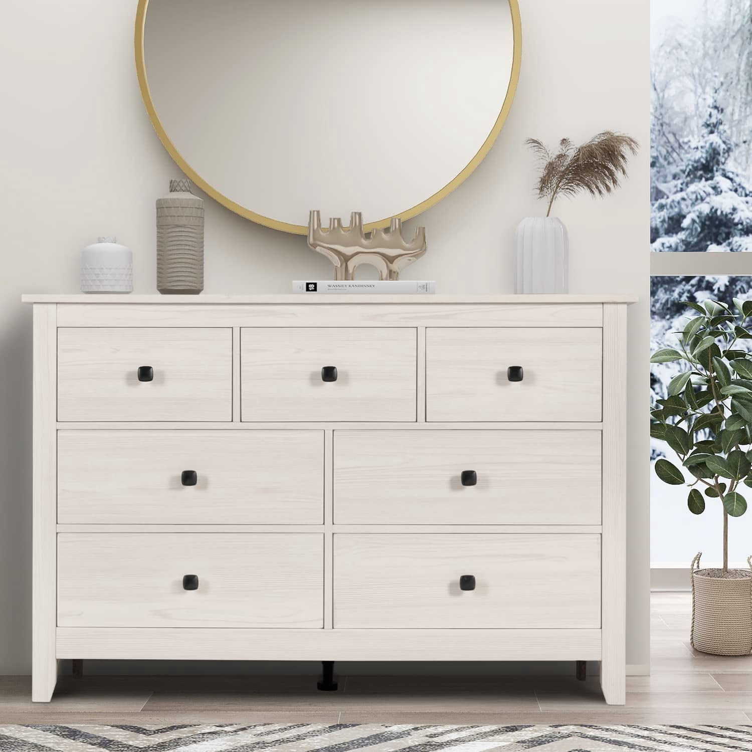 LAZZO 7-Drawer Dresser, Farmhouse Wooden Chest of Drawers for Bedroom Living Room and Hallway, White