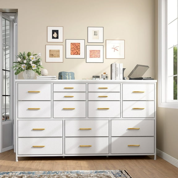 Romorgniz White Dresser for Bedroom with 16 Drawers for Closet Fabric Dressers & Chests of Drawers TV Stand with Charging Station