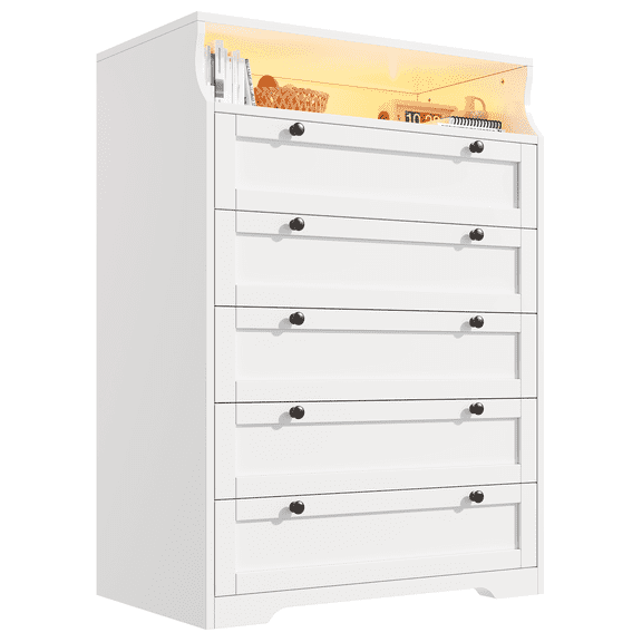 White Dresser for Bedroom with 5 Drawers,Modern Chest of Drawers with LED Lights and 2 Shelves for Living Room,Hallway
