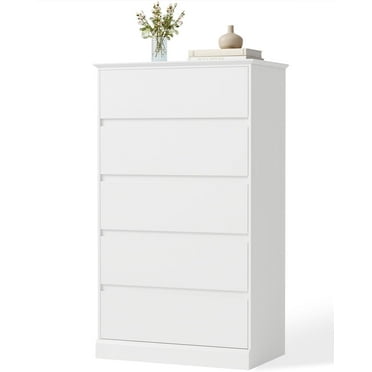 White Dresser for Bedroom with 5 Drawers, Tall Wood Drawer Dresser & Chest of Drawers for Closet, Living Room Hallway Kids Bedroom