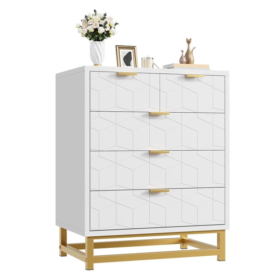 White Dresser of 5 Drawers, Chest of Drawers with Metal Base and Easy Pull Handle for Bedroom, Living Room, Hallway, Closet