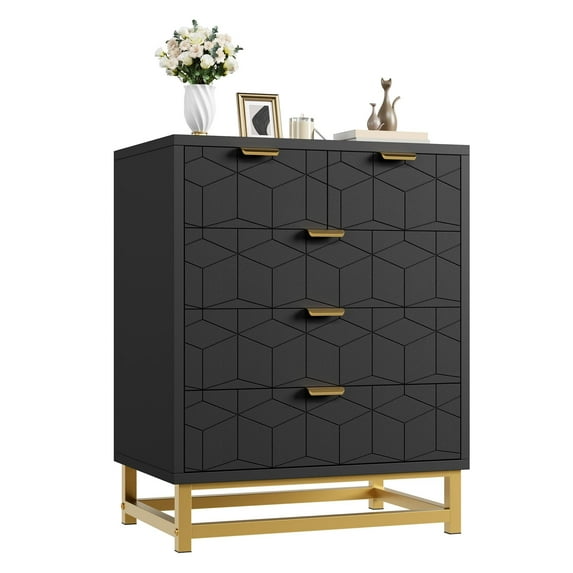 White Dresser of 5 Drawers, Chest of Drawers with Metal Base and Easy Pull Handle for Bedroom, Living Room, Hallway, Closet