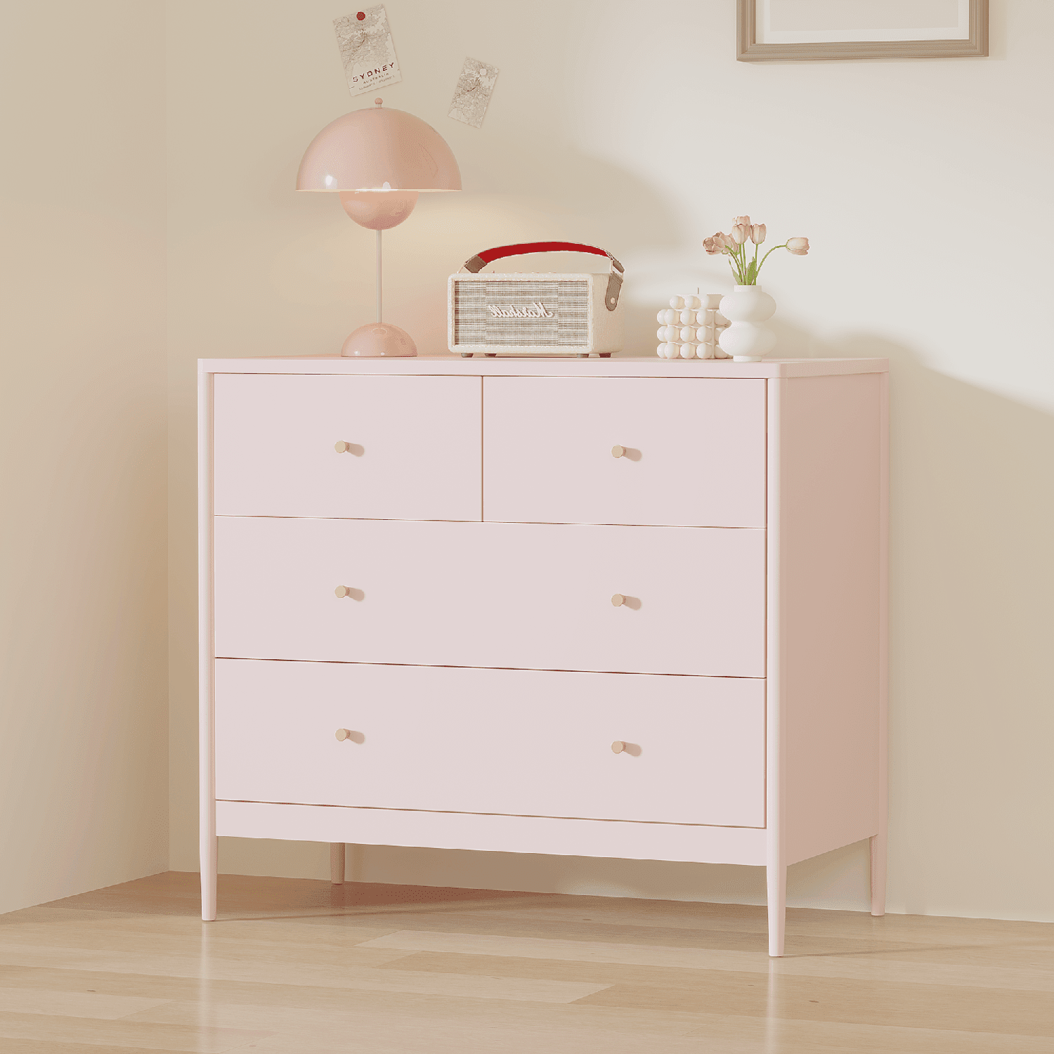 White Dresser with 4 Drawers Antique Brass Pulls Tip Restraint Kit for Nursery Kids Room Bedroom
