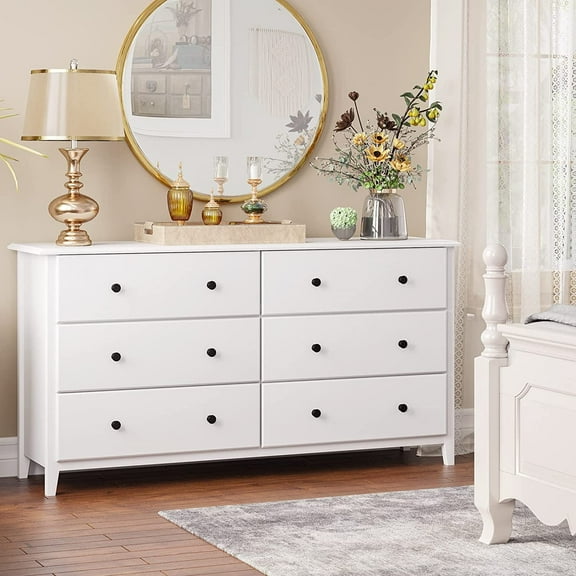 White Dresser with 6 Drawer Modern Large Storage Cabinet Chest of Drawers for Bedroom Living Room
