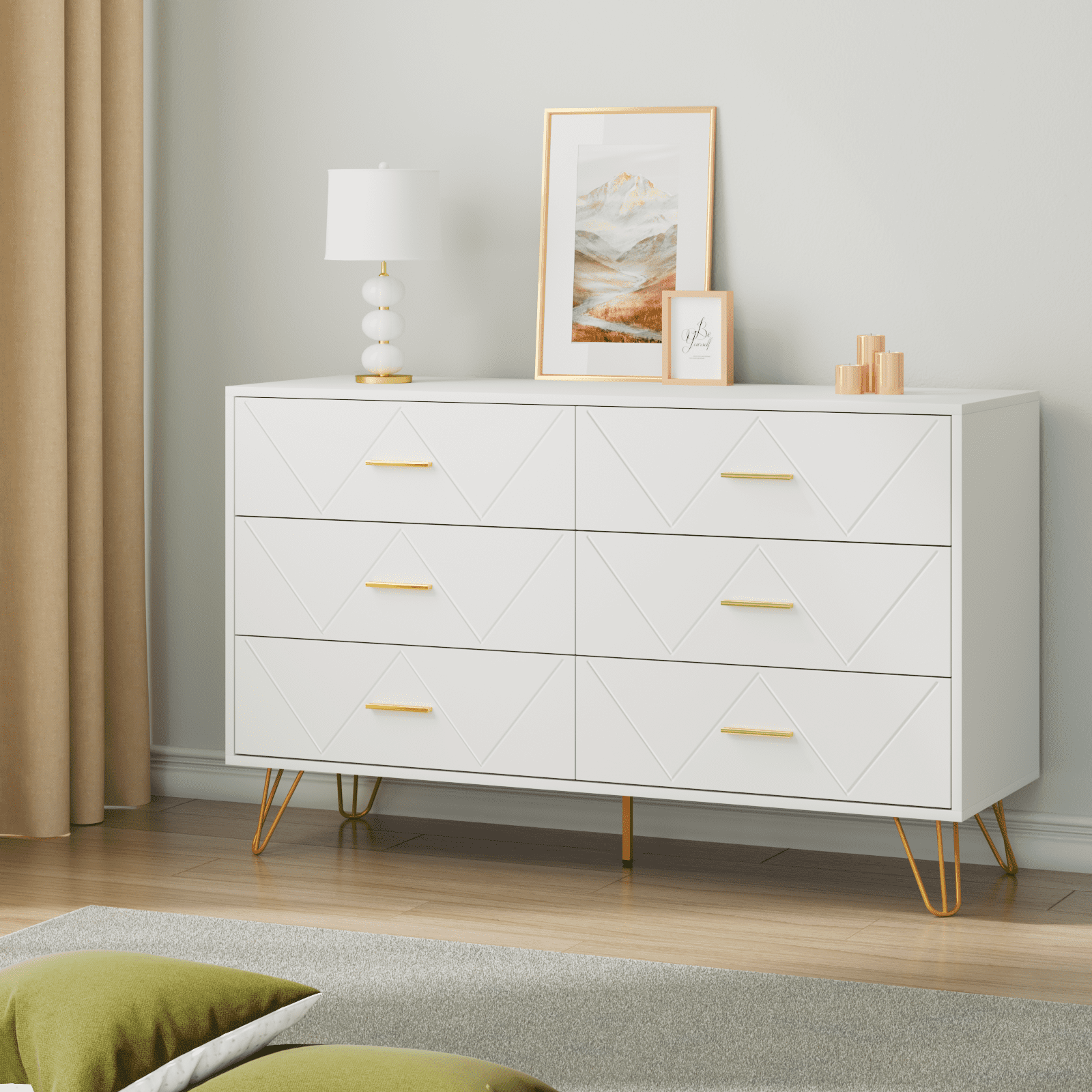 White Dresser with 6 Drawer for Bedroom, RESOM Modern Chest with Golden