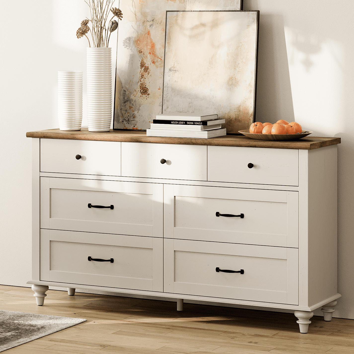 White Dresser with 7 Drawers for Bedroom, Wooden Chest of Drawers for Living Room