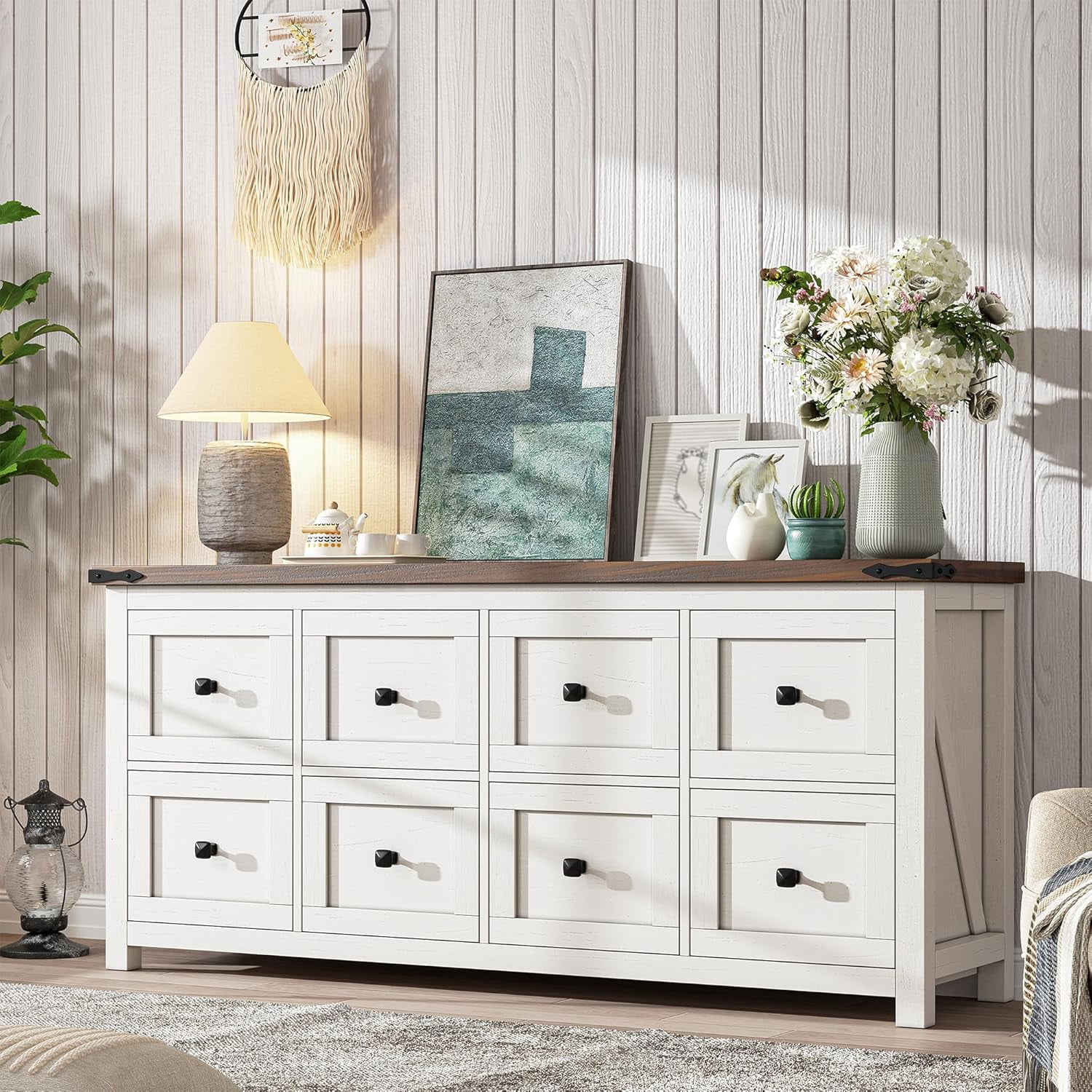 White Dresser with 8 Drawers,Farmhouse,Wood,Wide,Long,TV Stand for ...