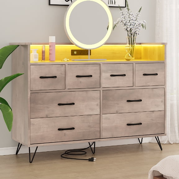 White Dresser with LED Light, USB Outlet and Charging Station for Bedroom, Wood Modern Chests TV Stand Table with Storage of Drawers