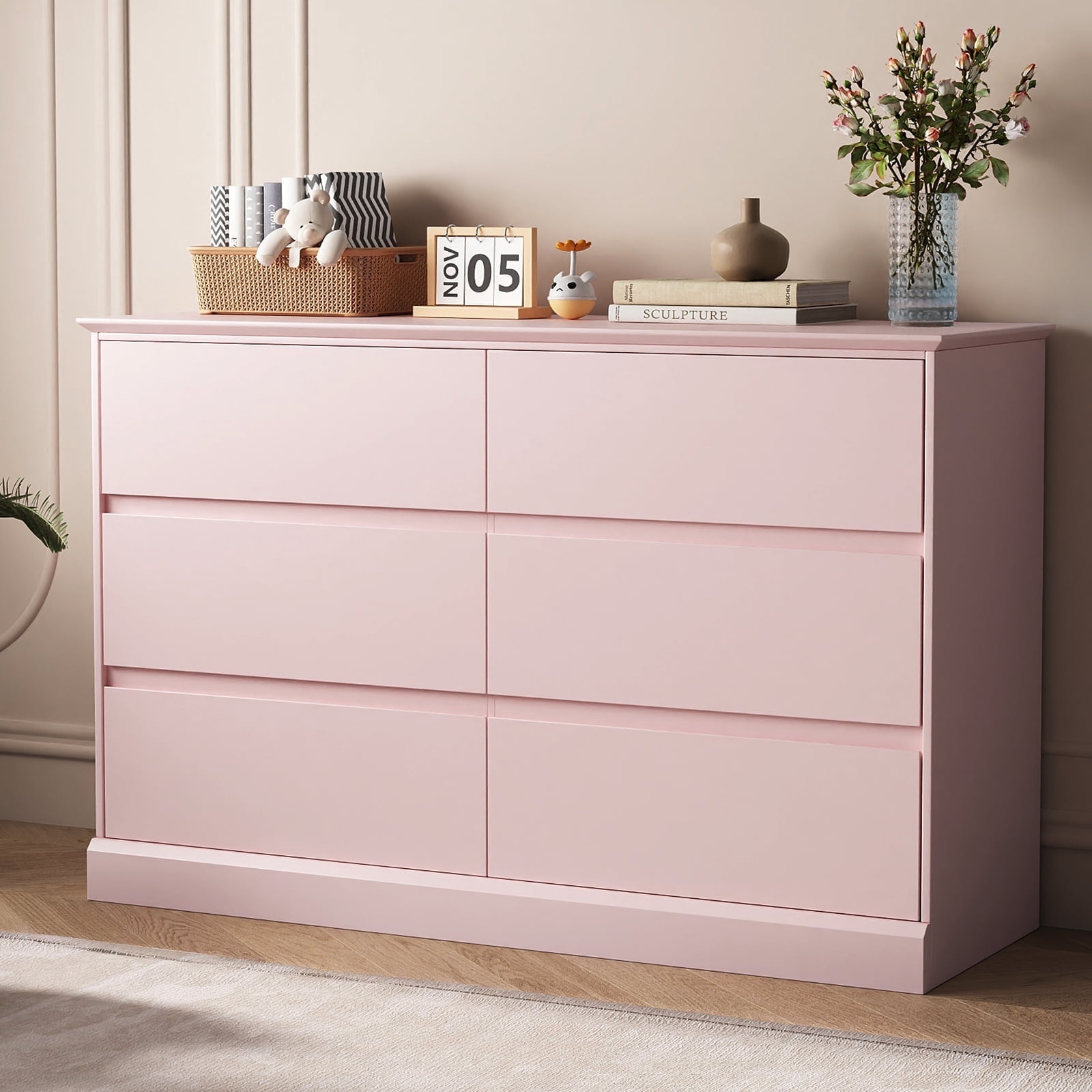 Bedroom Dresser 6 Drawer Storage Chest of Drawers Double Dresser Storage Side Cabinet Room Furniture for Bedroom Living Room