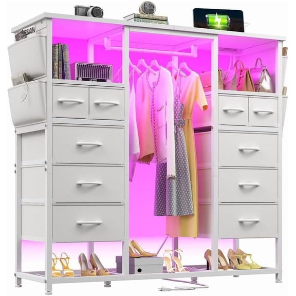 White Dressers for Bedroom with Hanging Rack & Clothes Rack Side Pockets, 10 Fabric Drawers Dresser with LED Lights & Charging Station, Wooden Top, Bedroom, Closet, 15.8"D x 47.3"W x 51.2"H
