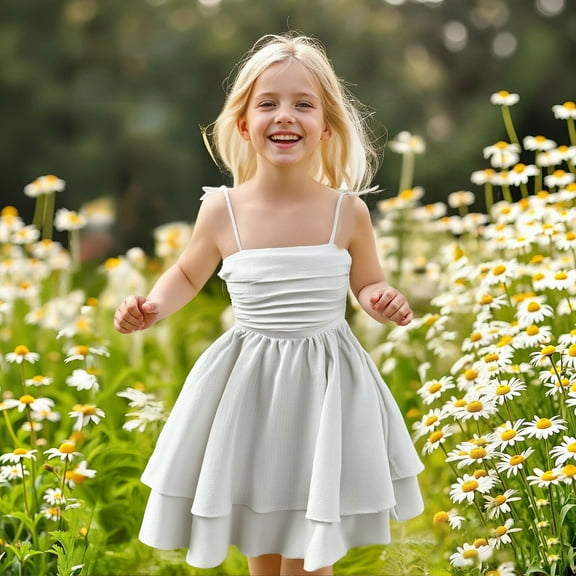 White Dresses for Girls Spaghetti Strap Tulle Flower Girl Dress 1st Birthday Girl Outfit Princess Dress up for Girls 8 Years