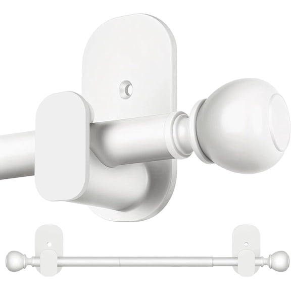 White No Drill Curtain Rods for Windows 48 to 84 Inches,  5/8 Inch Curtain Rods No Drilling with 3M Adhesive Holders, Apartment Friendly Drapery Rod with Round Finials